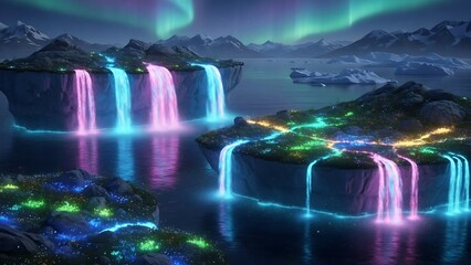 Vibrant Waterfalls Under Northern Lights Display.