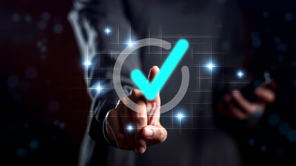 Business hand touching glowing digital checkmark icon, representing successful process validation, quality assurance, digital approval, and business technology compliance.