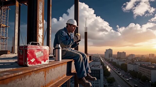 A male worker eats lunch at a construction site