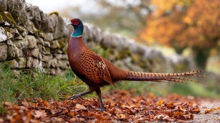 Fototapeta premium A vibrant pheasant wanders through a carpet of golden and brown leaves, beside an old stone wall. The rich colors of autumn create a picturesque scene of nature's beauty