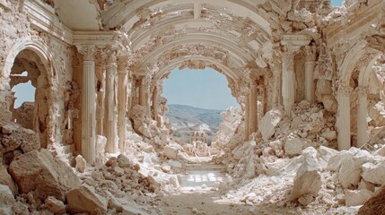 Ruined architecture dilapidated interior with stone columns and natural light