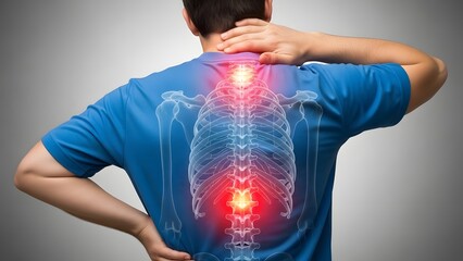 Man with back pain showing a glowing red spinal column. Spine health and chiropractic care. Male athlete touching his neck and lower back in pain