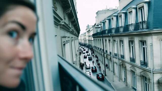 Young woman gazing out of window, enjoying urban view in Paris, capturing travel and lifestyle moments