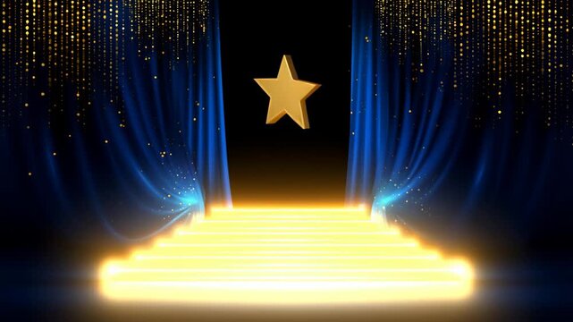 Stunning Golden Star on Stage with Blue Curtains and Twinkling Lights for Awards Ceremony