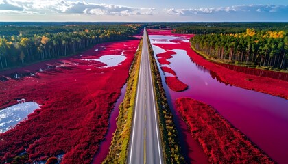 Aerial view of a long straight road cutting through a vibrant red landscape possibly a cranberry bog or a polluted area under a clear sky.
