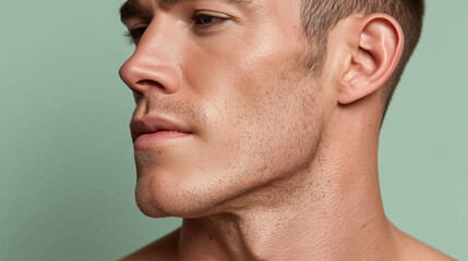 Fototapeta premium Matte finish male skin shown in macro close up with pastel sage background, highlighting natural texture and subtle facial hair on jawline and neck, creating calm and contemplative mood