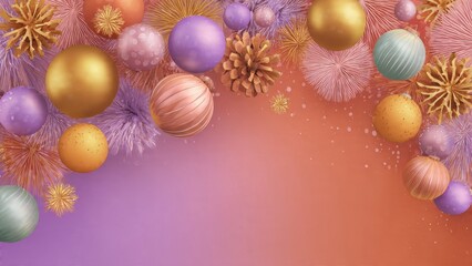 Festive 3D Christmas background border with abstract ornaments, stylized pine cones, and gold baubles over a purple and coral gradient. Modern holiday design with copy space.