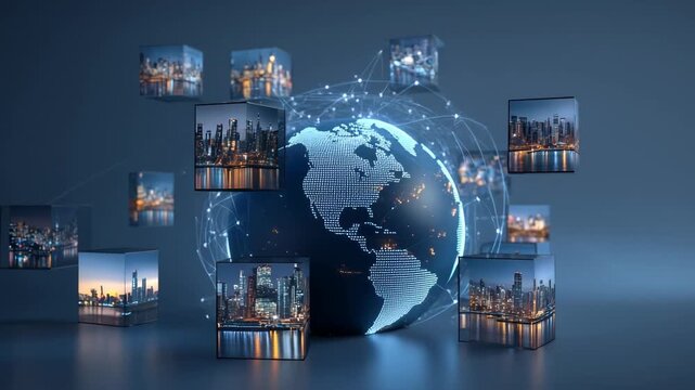 Global Digital Network with City Landmarks Showcased in 3D Cubes for Modern Visuals