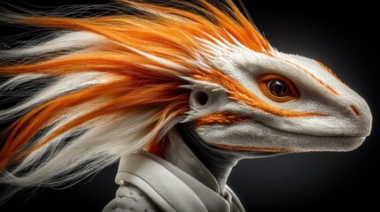 Fantasy creature portrait with orange and white feathery hair on black background