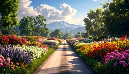 Obraz premium Vibrant Flower Garden Path Leading to Majestic Mountains Under a Blue Sky.