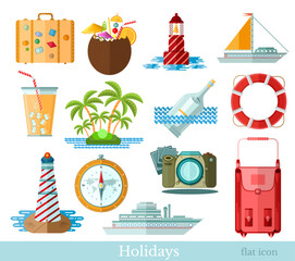 Set of vacation and holidays icons in flat style. Elements isolated on white