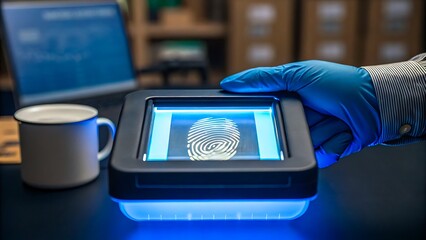 Biometric fingerprint scan on digital device with gloved hand
