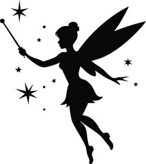 flying fairy silhouette with wand and stars fantasy illustration © Vector Art 