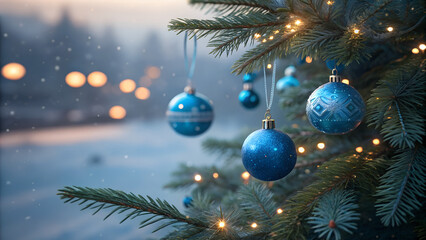 Christmas Tree With Ornaments In Blue - Baubles Hanging On Fir Branches With Glittering And Bokeh Lights In Abstract Defocused Background