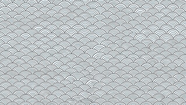 A classic Japanese Seigaiha pattern featuring repeating, overlapping light-blue semi-circles that represent ocean waves. The design is rhythmic, traditional, and clean on a pale background.
