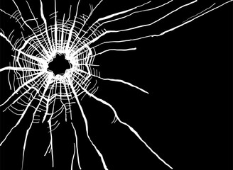 Broken glass crack with shattered window. Vandalism, crime and danger concept. Fracture and breakage on black background for hazard, accident or decorative art. Vector texture