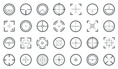 Crosshair icon. Target aim focus accuracy symbols, simple cursor pointers, black gun sight crosshair circle and square, sniper military optical scope. Vector isolated set