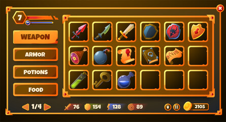 Game inventory. Fantasy RPG interface frame elements for adventure game with icons of weapon, armor, food, potions, stats and gold. Vector game GUI screen panel