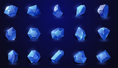 Blue gem stones. Game crystal diamond UI, cartoon shiny magic sapphire crystals, luxury blue diamonds glowing gemstone treasure game asset design. Vector diamond collection © Tartila