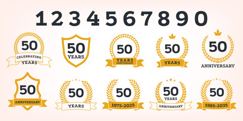 Anniversary stamp. 5, 10, 15, 20, 25, 30 years milestone celebration labels with laurel wreath and decorative stars. Vector jubilee stamp logo set