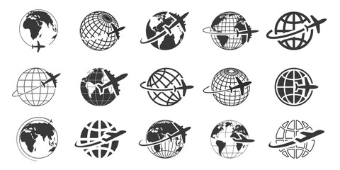 Global travel and airline logistics icons. Plane flying around Earth for worldwide flight international communication. Vector set with map, location, GPS pin. Transport, deliver globe pictogram