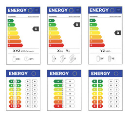 EU energy label. Green to red rating arrows for home appliance efficiency class, economical power consumption and eco standards. Bar chart and light bulb for economic diagnostic vector set