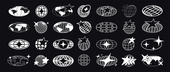 Retro Y2K globe logo. Minimal 2000s and 70s graphic with holographic posters with stars and groovy forms for global badge, decorative banner isolated vector elements