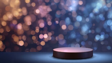 Luxurious empty pedestal stage with vibrant orange and blue festive bokeh lights background. 3D rendered product display stand for high-end promotion and advertising.
