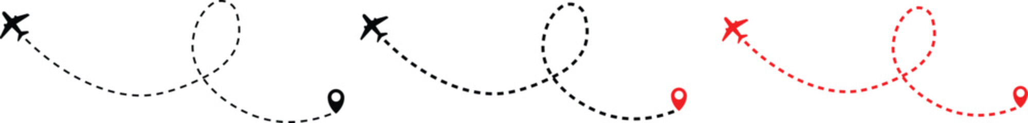 Airplane line path icon of air plane flight route dash line trace with start point. Airplane flight path with destination pin. airplane travel line path with map pins Transparent png and vector illust