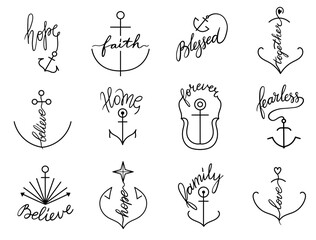 Vintage nautical anchor logo for marine travel or home decoration, faith and love lettering in retro line design. Minimal vector outline for tattoo, hope and family symbol