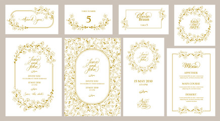 Elegant wedding invitation card with vintage floral border, romantic botanical design. Beautiful vector template with leaves and flowers, foliage pattern for ceremony menu, celebration banner