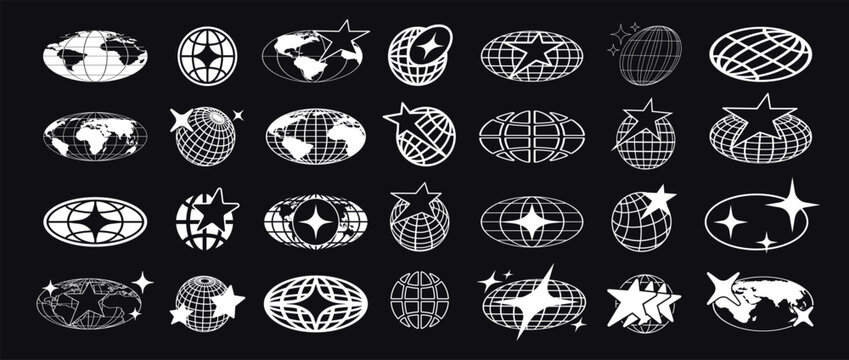 Retro Y2K globe logo. Minimal 2000s and 70s graphic with holographic posters with stars and groovy forms for global badge, decorative banner isolated vector elements