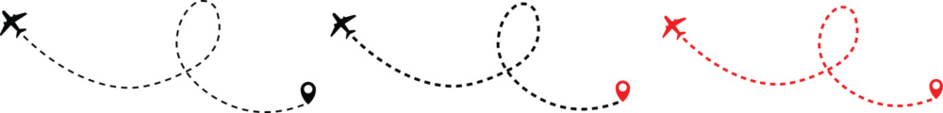 Airplane line path icon of air plane flight route dash line trace with start point. Airplane flight path with destination pin. airplane travel line path with map pins Transparent png and vector illust