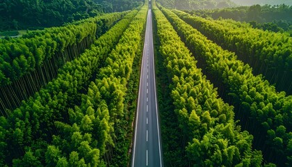 Naklejka premium Aerial View of a Straight Road Through a Lush Green Forest at Sunset.