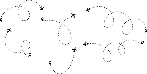Airplane flight path with destination pin. Plane paths. Aircraft tracking, planes, travel, map pins, location pins .start point line trace and plane routes. Transparent png and vector illustration  © MDneamul