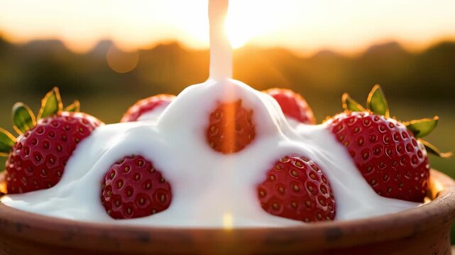 Fresh strawberries are topped with creamy white yogurt, creating a delightful contrast. The vibrant strawberries and yogurt create a refreshing and appealing summer treat.