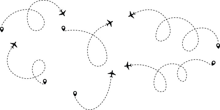 Airplane flight path with destination pin. Plane paths. Aircraft tracking, planes, travel, map pins, location pins .start point line trace and plane routes. Transparent png and vector illustration
