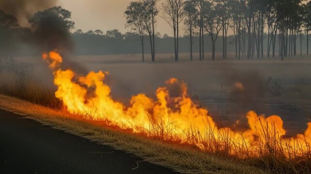 Intense wildfire burning along roadside in dry landscape - 4k video