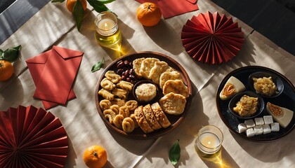 Assorted cookies and chocolates on a table with decorative red elements and drinks