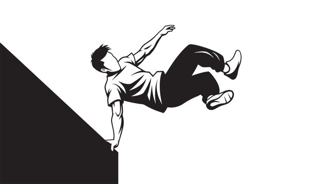 A stylized black and white illustration depicting a person performing a dynamic parkour vault over a dark, angled obstacle.
