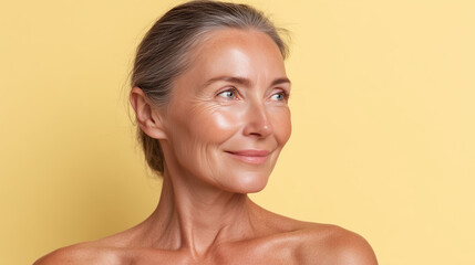 Older woman with sun kissed cheek warmth pastel butter yellow background smiling gently with natural skin and gray hair pulled back in soft light