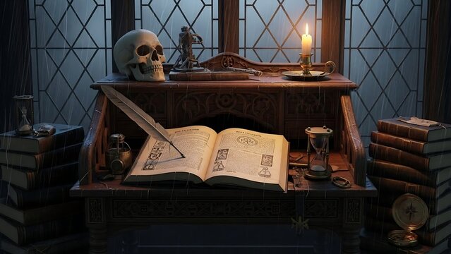 Dark fantasy study with skull and books.