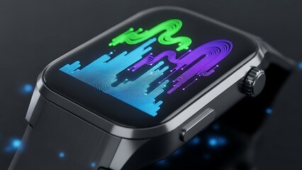 Smartwatch with colorful digital display on sleek black background