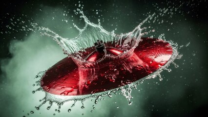 Red cymbal splashing in water with dramatic lighting effects