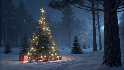 Christmas Tree On Snow In Night Forest With Shiny Star And Gift Boxes In Winter Landscape And Abstract Bokeh Lights