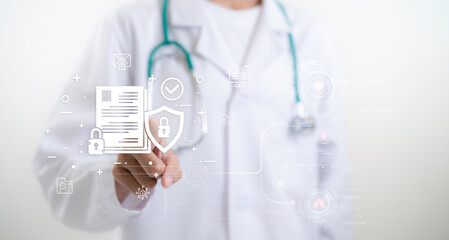 Doctor selects secure digital medical document with shield icon representing healthcare data protection patient privacy compliance and modern hospital information security concept