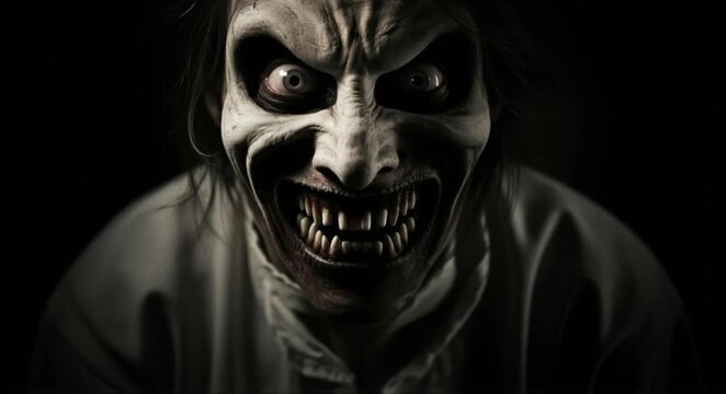 Terrifying monstrous face with wide eyes and sinister grin in darkness