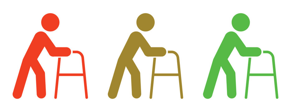 Silhouette icons of person using a walking frame, mobility assistance and geriatric care