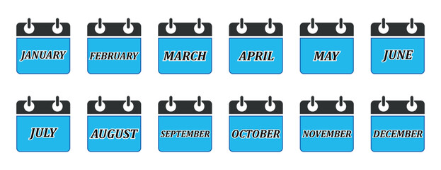 Annual calendar icon set featuring all twelve months, schedule and time management