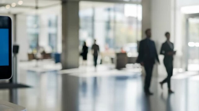 Female face recognition on a security device for access control in a modern office building lobby with blurred people walking.